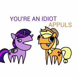 Size: 768x768 | Tagged: safe, artist:tavrosbrony, applejack, twilight sparkle, twilight sparkle (alicorn), alicorn, earth pony, pony, :, apple, appul, derp, drool, female, flanderization, hat, mare, open mouth, that pony sure does love apples