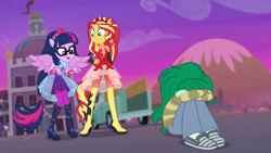 Size: 1920x1080 | Tagged: safe, screencap, sci-twi, sunset shimmer, twilight sparkle, wallflower blush, better together, equestria girls, forgotten friendship, boots, clothes, costume, crying, dress, female, fetal position, glasses, high heel boots, mountain, parking lot, pickup truck, ponied up, ponytail, remorse, sad, school, scitwilicorn, shoes, stars, super ponied up, truck