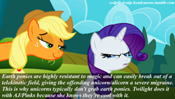 Size: 1280x720 | Tagged: safe, applejack, rarity, earth pony, pony, unicorn, female, headcanon, horn, mare, redpilled-mlp-headcanons