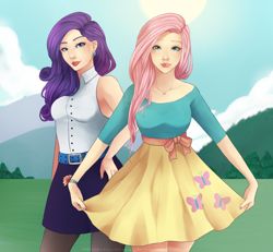 Size: 1024x948 | Tagged: safe, artist:missjollyollypop, fluttershy, rarity, human, clothes, humanized, nail polish, skirt