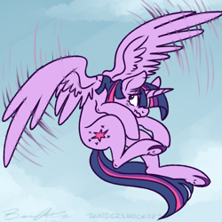 Size: 900x900 | Tagged: safe, artist:thundershock0823, derpibooru import, twilight sparkle, twilight sparkle (alicorn), alicorn, pony, female, flying, mare, scrunchy face, solo