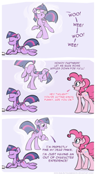 Size: 995x1792 | Tagged: safe, artist:subjectnumber2394, derpibooru import, pinkie pie, twilight sparkle, twilight sparkle (alicorn), alicorn, earth pony, pony, comic, cute, derp, female, impressions, magic, mare, out of character, pun, smiling, underhoof, visual pun, wat, wide eyes