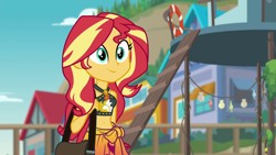 Size: 1920x1080 | Tagged: safe, screencap, sunset shimmer, better together, equestria girls, forgotten friendship, bag, belly button, clothes, cute, shimmerbetes, solo, swimsuit