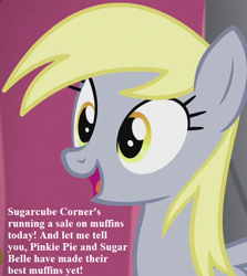 Size: 546x612 | Tagged: safe, edit, edited screencap, screencap, derpy hooves, pegasus, pony, slice of life (episode), bronybait, cropped, cute, derpabetes, female, image macro, implied pinkie pie, implied sugar belle, mare, meme, solo, text