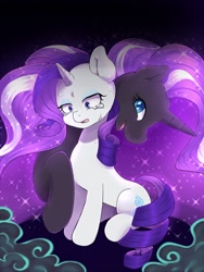 Size: 900x1200 | Tagged: safe, artist:ayahana, nightmare rarity, rarity, pony, unicorn, crying, duality, smiling, sweat