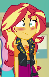 Size: 691x1078 | Tagged: safe, screencap, sunset shimmer, better together, equestria girls, forgotten friendship, blushing, cropped