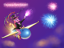 Size: 4000x3000 | Tagged: safe, artist:crazypon3, pinkie pie, anthro, balloon, confetti, fireworks, happy new year, hat, party cannon, solo, streamers, top hat