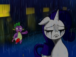 Size: 1024x768 | Tagged: safe, artist:konfettimayhem, rarity, spike, dragon, pony, unicorn, crying, rain, running makeup