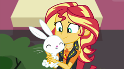 Size: 1920x1080 | Tagged: safe, screencap, angel bunny, sunset shimmer, better together, equestria girls, forgotten friendship, cute, female, geode of empathy, magical geodes, male, smiling