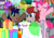 Size: 3000x2125 | Tagged: safe, artist:denotionsoul, pinkie pie, oc, earth pony, pony, balloon, birthday, birthday cake, blowing, bottle, cake, candle, canterlot, confetti, eyes closed, happy, hat, open mouth, party, party hat, present, smiling, streamers, wine glass