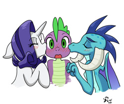 Size: 1255x1050 | Tagged: safe, artist:xenosaga428, princess ember, rarity, spike, dragon, pony, unicorn, gauntlet of fire, blushing, cute, emberspike, female, kiss on the cheek, kiss sandwich, kissing, looking at you, male, ot3, shipping, sparember, sparity, spike gets all the mares, spikelove, straight