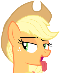 Size: 5000x6000 | Tagged: safe, artist:magister39, applejack, earth pony, pony, absurd resolution, bedroom eyes, bust, female, licking, mare, open mouth, show accurate, sideways glance, simple background, smiling, solo, tongue out, transparent background, vector