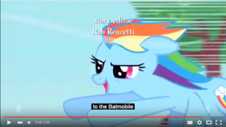 Size: 852x480 | Tagged: safe, derpibooru import, screencap, rainbow dash, pegasus, pony, batmobile, caption win, meme, solo, youtube caption