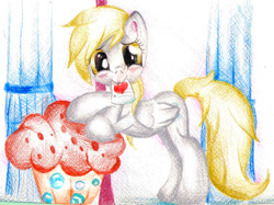 Size: 1024x767 | Tagged: safe, artist:xxsilvixx, derpy hooves, pegasus, pony, female, food, heart, letter, looking at you, mare, muffin, solo, traditional art