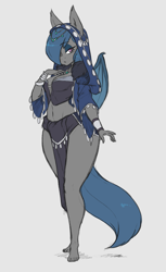 Size: 1197x1950 | Tagged: safe, artist:skecchiart, oc, oc only, oc:river rhythm, anthro, bat pony, breasts, cleavage, female, hood, jewelry, loincloth, looking at you, mare, necklace, oracle, solo, wide hips