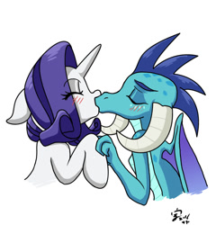 Size: 1006x1050 | Tagged: safe, artist:xenosaga428, edit, editor:iron steed, princess ember, rarity, dragon, pony, unicorn, gauntlet of fire, blushing, cute, emberity, eyes closed, female, kissing, lesbian, mare, shipping, simple background, white background