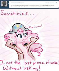 Size: 500x600 | Tagged: safe, artist:alipes, pinkie pie, earth pony, pony, ask, ask pinkie pierate, bicorne, clothes, hat, pirate, solo, tumblr