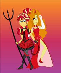 Size: 2200x2640 | Tagged: safe, artist:miraculouslover21, adagio dazzle, sunset shimmer, equestria girls, clothes, costume, devil costume, devil horns, dress, female, halloween, halloween costume, holding hands, lesbian, pitchfork, shipping, sunsagio, trident