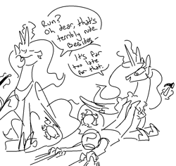 Size: 917x867 | Tagged: safe, artist:nobody, princess celestia, oc, oc:anon, human, clone, dragging, hammer, magic, monochrome, self ponidox, sketch, snaplestia, telekinesis, this will end in death