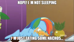 Size: 887x500 | Tagged: safe, derpibooru import, screencap, rainbow dash, pegasus, pony, grannies gone wild, caption, chips, food, image macro, nachos, text