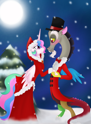 Size: 1000x1358 | Tagged: safe, artist:pigzfairy, discord, princess celestia, alicorn, pony, christmas, christmas tree, dislestia, female, male, shipping, straight, tree