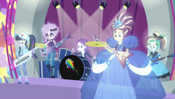 Size: 1920x1080 | Tagged: safe, derpibooru import, screencap, fluttershy, pinkie pie, rainbow dash, sci-twi, sunset shimmer, twilight sparkle, better together, equestria girls, rollercoaster of friendship, clothes, concert, dress, drums, goth, gown, guitar, hologram, rainbow dash always dresses in style