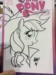 Size: 768x1024 | Tagged: safe, artist:tonyfleecs, applejack, earth pony, pony, hat, monochrome, solo, traditional art