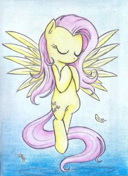 Size: 729x1001 | Tagged: safe, artist:islamilenaria, fluttershy, pegasus, pony, floating, solo, traditional art