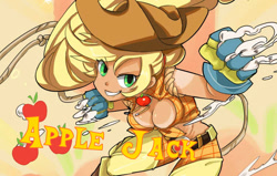 Size: 1136x723 | Tagged: safe, artist:daikoku, applejack, human, action pose, applerack, belt, breasts, chaps, clothes, female, front knot midriff, gloves, humanized, manegirls, midriff, parody, pixiv, skullgirls, solo, tan lines