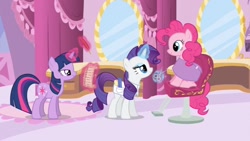 Size: 853x480 | Tagged: safe, derpibooru import, screencap, pinkie pie, rarity, twilight sparkle, earth pony, pony, unicorn, it's about time, carousel boutique, lidded eyes