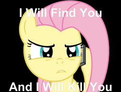 Size: 500x380 | Tagged: safe, artist:s.guri, fluttershy, pegasus, pony, caption, death threat, female, mare, taken, telephone, threat