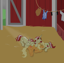 Size: 944x922 | Tagged: safe, artist:castorochiaro, applejack, flam, flim, earth pony, pony, barn, female, flamjack, flim flam brothers, flimflamjack, flimjack, male, shipping, sleeping, straight