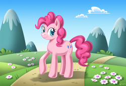 Size: 1146x787 | Tagged: safe, artist:pelboy, pinkie pie, earth pony, pony, female, mare, pink coat, pink mane, scenery, solo