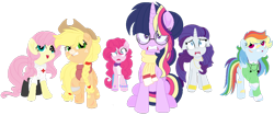 Size: 1024x432 | Tagged: safe, artist:bezziie, derpibooru import, applejack, fluttershy, pinkie pie, rainbow dash, rarity, twilight sparkle, earth pony, pegasus, pony, unicorn, alternate hairstyle, alternate universe, bowtie, mane six, rainbow ponies, simple background, transparent background