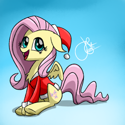 Size: 1024x1024 | Tagged: safe, artist:elzielai, fluttershy, pegasus, pony, chest fluff, christmas, hat, santa hat, solo