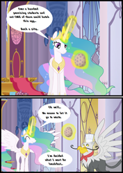 Size: 790x1117 | Tagged: safe, artist:bbbhuey, gustave le grande, princess celestia, alicorn, griffon, pony, the cutie re-mark, bad end, canterlot throne room, comic, dark comedy, dragon egg, duo, egg, female, implied spike, magic, magic aura, male, mare, speech bubble, spike's egg, telekinesis, this will end in death, this will end in tears and/or breakfast