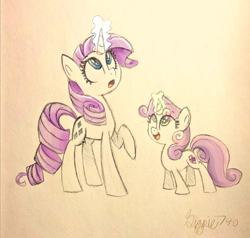 Size: 900x858 | Tagged: safe, artist:siggie740, rarity, sweetie belle, pony, unicorn, cutie mark, magic, open mouth, sisters, sweetie belle's magic brings a great big smile, the cmc's cutie marks, traditional art