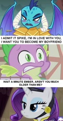 Size: 504x960 | Tagged: safe, princess ember, rarity, spike, dragon, pony, unicorn, gauntlet of fire, deadpan expression, debate in the comments, emberspike, female, implied sparity, irony, logic, male, meme, rarity is not amused, shipping, straight