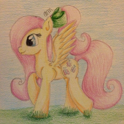 Size: 1200x1200 | Tagged: safe, artist:serenawatchmen, fluttershy, pegasus, pony, alternate hairstyle, bow, ponytail, solo, traditional art