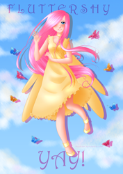 Size: 900x1273 | Tagged: safe, artist:nephiam, fluttershy, human, clothes, dress, humanized, solo, winged humanization, yay