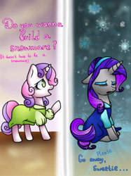 Size: 1360x1814 | Tagged: safe, artist:kristibrony, rarity, sweetie belle, pony, unicorn, anna, do you want to build a snowman, elsa, frozen (movie), princess anna belle, queen elsarity, sisters