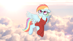 Size: 1920x1080 | Tagged: safe, artist:gergta, artist:mcsadat, color edit, derpibooru import, edit, rainbow dash, pegasus, pony, adorkable, button-up shirt, clothes, cloud, cloudy, colored, cute, dork, flying, glasses, lens flare, long sleeves, looking up, rainbow dash always dresses in style, shirt, sky, solo, spread wings, wallpaper, wings