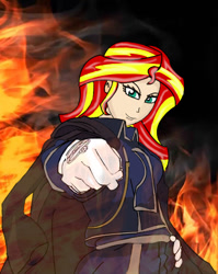 Size: 384x482 | Tagged: safe, artist:anonix123, sunset shimmer, equestria girls, anime, clothes, crossover, fire, fullmetal alchemist, human coloration, roy mustang, solo