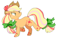 Size: 340x220 | Tagged: safe, artist:milkii-ways, applejack, earth pony, pony, apple, applejack's hat, bow, cowboy hat, cutie mark, female, food, hair bow, hat, looking back, rainbow power, simple background, smiling, solo, tail bow, transparent background, walking