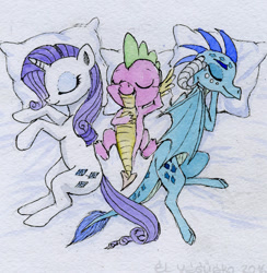 Size: 800x820 | Tagged: safe, artist:el-yeguero, princess ember, rarity, spike, dragon, pony, unicorn, gauntlet of fire, emberspike, female, lucky bastard, male, morning after, shipping, sleeping, sparember, sparity, spike gets all the mares, straight, traditional art