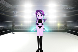 Size: 2800x1863 | Tagged: safe, artist:invisibleink, artist:marcusvanngriffin, edit, starlight glimmer, equestria girls, beanie, belly button, boots, clothes, commission, elbow pads, female, hat, intro, introduction, knee pads, looking at you, midriff, shoes, solo, sports, sports bra, sports panties, spotlight, watch, wrestler, wrestling, wrestling ring