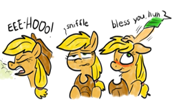 Size: 985x599 | Tagged: safe, artist:rainysunshine, applejack, oc, oc:anon, human, blushing, comic, hand, pat, ruffled hair, sneeze cloud, sneezing, sneezing fetish, sniffing, spray