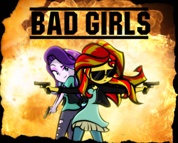 Size: 1044x839 | Tagged: safe, artist:dan232323, starlight glimmer, sunset shimmer, equestria girls, mirror magic, spoiler:eqg specials, bad boys, beanie, clothes, cool guys don't look at explosions, dress, dual pistols, dual wield, explosion, eyeshadow, female, fire, glock, gun, handgun, hat, jeans, leggings, makeup, movie, pants, pistol, raised eyebrow, sunglasses, torn clothes, weapon