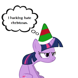 Size: 567x567 | Tagged: safe, artist:pieski, derpibooru import, twilight sparkle, angry, elf hat, grumpy twilight, hat, solo, speech bubble