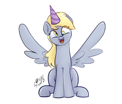 Size: 1296x1104 | Tagged: safe, artist:christheblue, derpy hooves, pegasus, pony, female, hat, head tilt, mare, party hat, simple background, sitting, smiling, solo, spread wings, transparent background, wings